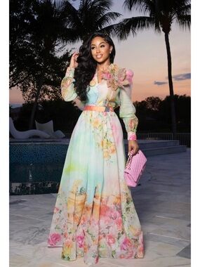 Pastel Floral Maxi Dress | Romantic Vacation Glam | Statement Sleeve 2 pc